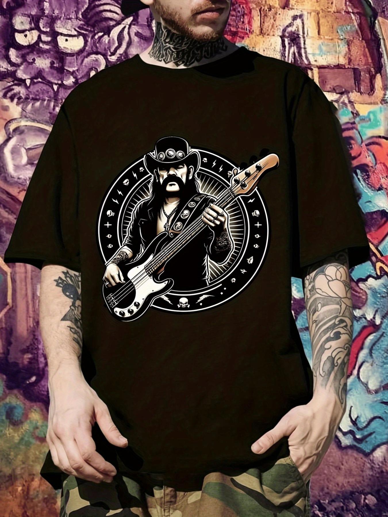 Heavy Metal Rock Band Graphic T-shirt - Dark Brown Tee with Electric Guitarist Design S