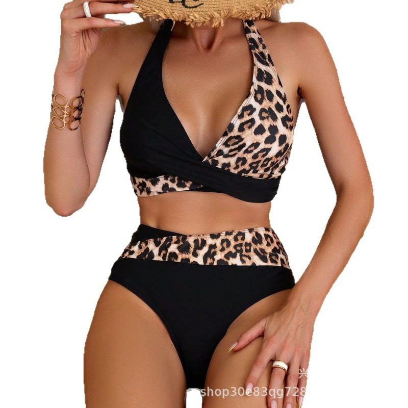 Xinsi Split Leopard Print Stitching Women's Swimsuit Sexy Bikini
