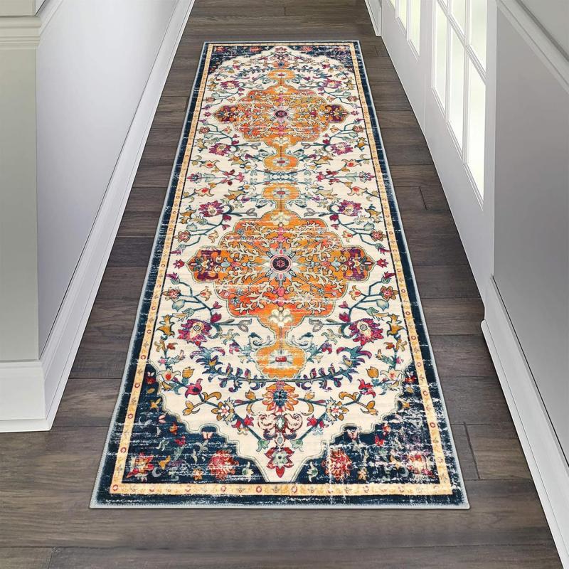 Farmhouse Vintage Runner Rug Brown Cream Medallion Floral Design Non Slip Mat For Hallway Kitchen Entryway Decor
