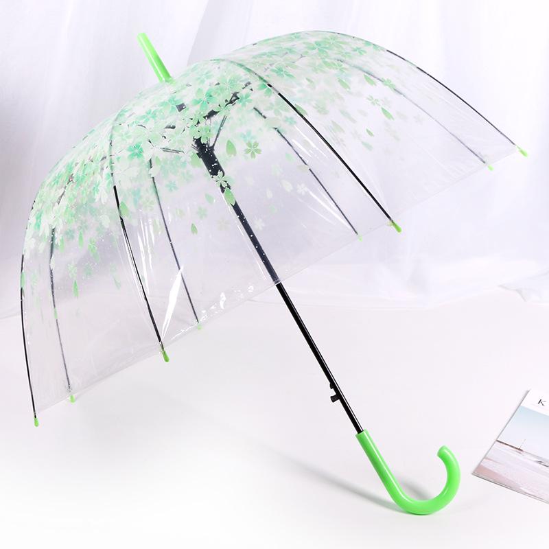 Japonský lesní styl průhledný deštník s třešňovými květy s klenutou dlouhou rukojetí pro studenty