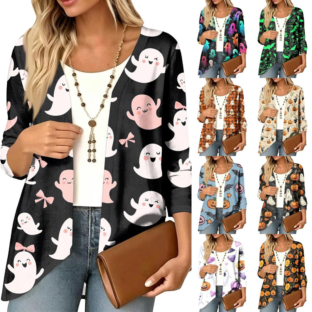 Women's Lightweight Cardigan with Halloween Print , Three-Quarter Sleeve , Relaxed Fit for Casual Halloween Outfits