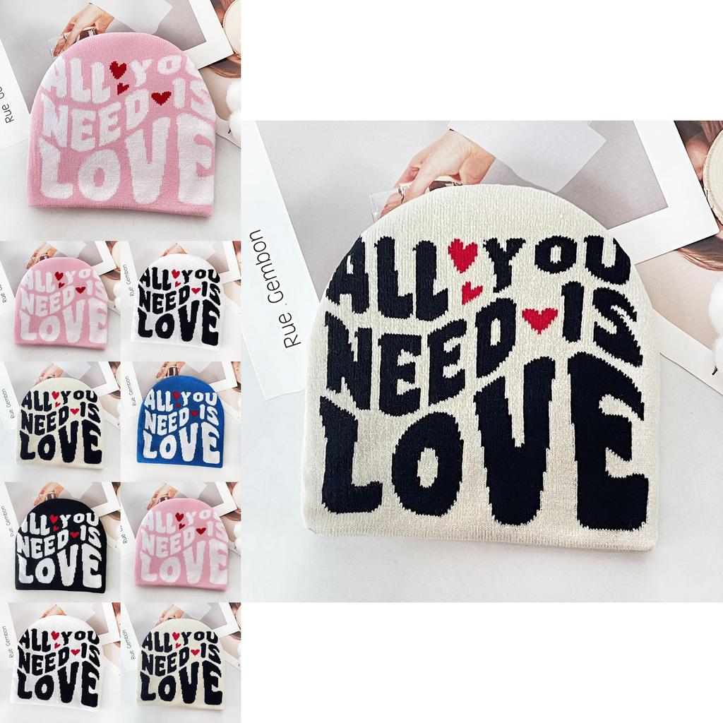 Simple Color Blocked Letter Heart Pattern Women Casual Warm Knitted Hat For Autumn Casual Wear