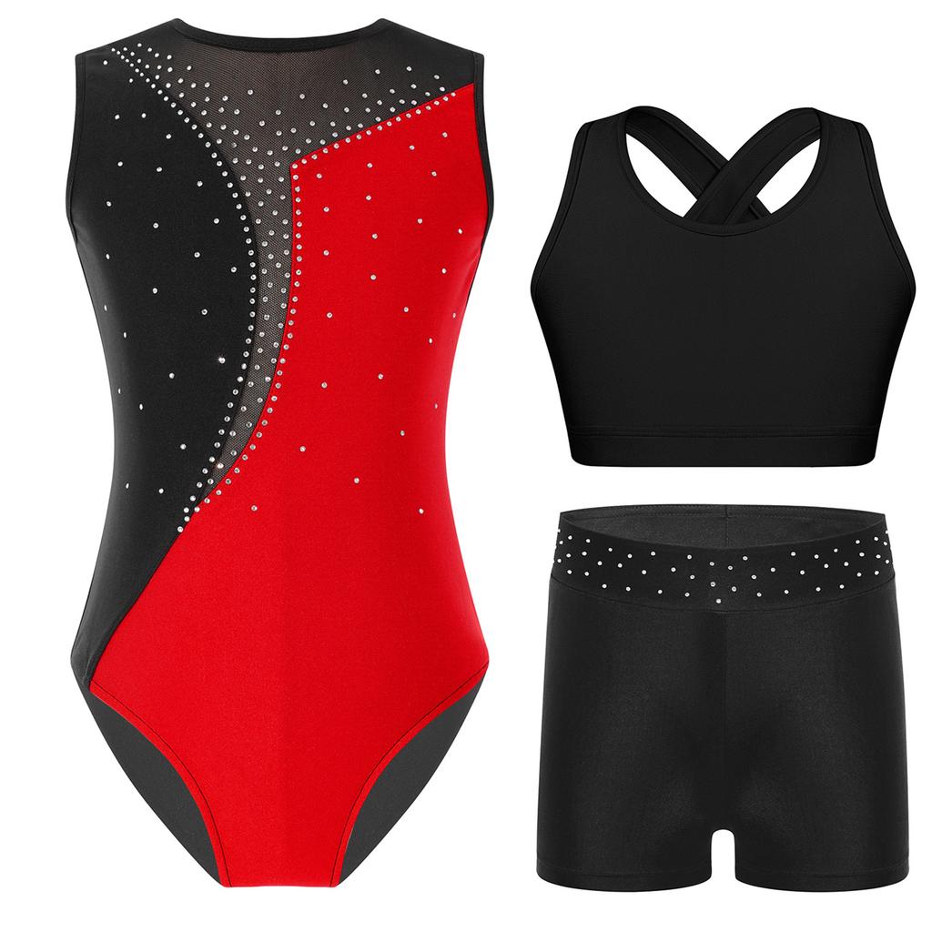 Ärmelloses Tanzset für Mädchen Glitzernde Strasssteine Kontrastfarben Gymnastik-Leotard mit Shorts und Top