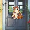 Home Wall Embellishment Halloween Cute Bow Ghost Door Sign, Wooden Patchwork Hanging Plaque with Pumpkin Candy Basket, Sign Retro Pendant Lanyard for
