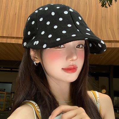 Women's Retro Polka Dot Black Newsboy Cap - Face-Slimming Summer Beret with Sun Protection for Large Head Circumference