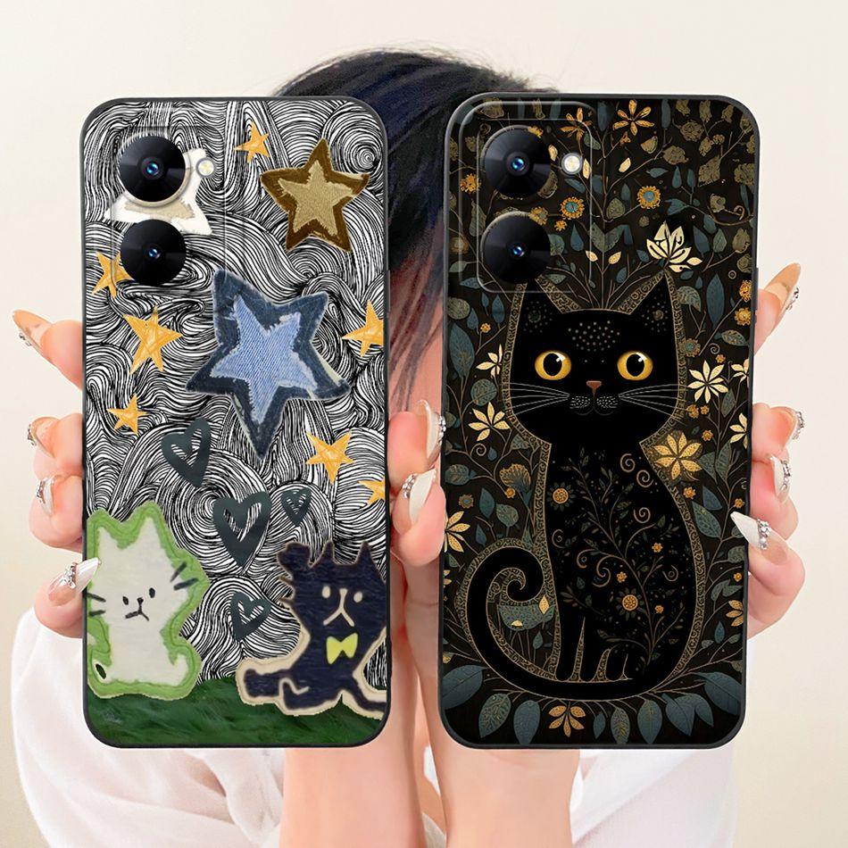 For Realme V30 V30t RMX3618 RMX3619 Cute Cat Flower Cartoon Phone Case For RealmeV30 V30T 5G Soft Silicone Cover Bumpers