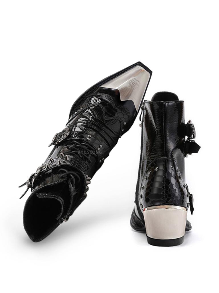 Dark Rock Men's and Women's Niche Punk Western Cowboy Metal Thick Heel Youth Stage Leather Short Boots Trend