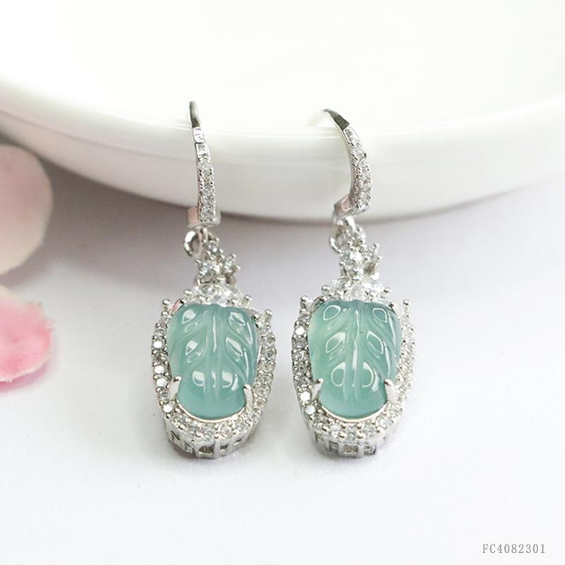Leaf Shape Natural Stone Jade Earrings Silver Plated Myanmar Jade Earrings Full of Zircons Burma Jadeite Drop Earrings for Women