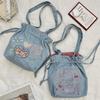 New Bow Embroidery Large Capacity Denim Drawstring Tote Bag Fashionable Shoulder Handbag