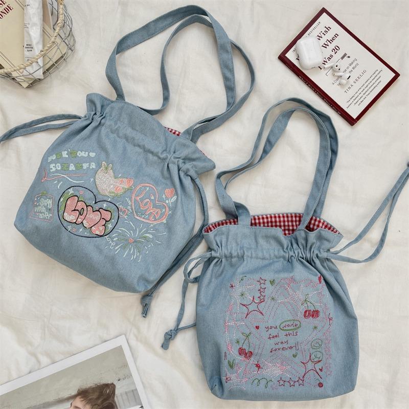 New Bow Embroidery Large Capacity Denim Drawstring Tote Bag Fashionable Shoulder Handbag