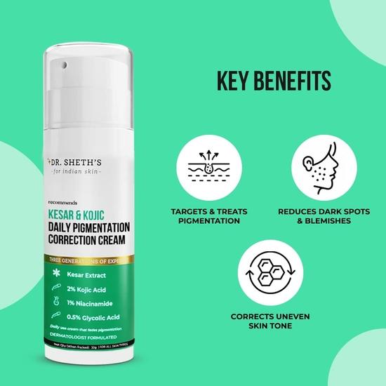 DR. Sheth's Kesar & 2 % Kojisäure – Tägliche Gesichtscreme zur Pigmentkorrektur | Leicht & nicht fettend | Mit 1 % Niacinamid & 0,5 % Glykolsäure | Unisex | 30 g