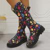Vintage Floral Pattern Platform Long Boots  Women Fashion Show Style Slip-on Female Mid-Calf Boots Casual Large Size 43 Booties