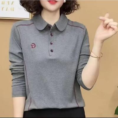 Neues Langarm-T-Shirt mit einfarbigem Revers im Herbst, modisches und schlankes und vielseitiges Top-Temperament-Basishemd zur Reduzierung des Alters
