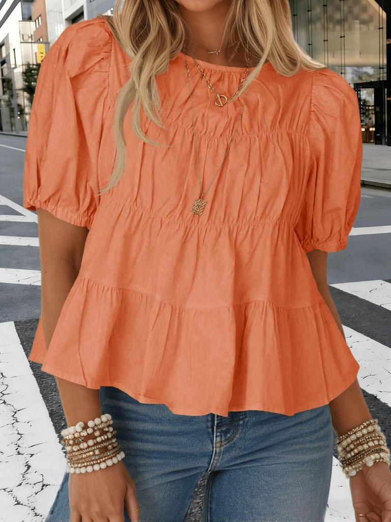 Blusa da Donna in Cotone Babydoll Manica a Sbuffo Smocked Peplo Top Svasato