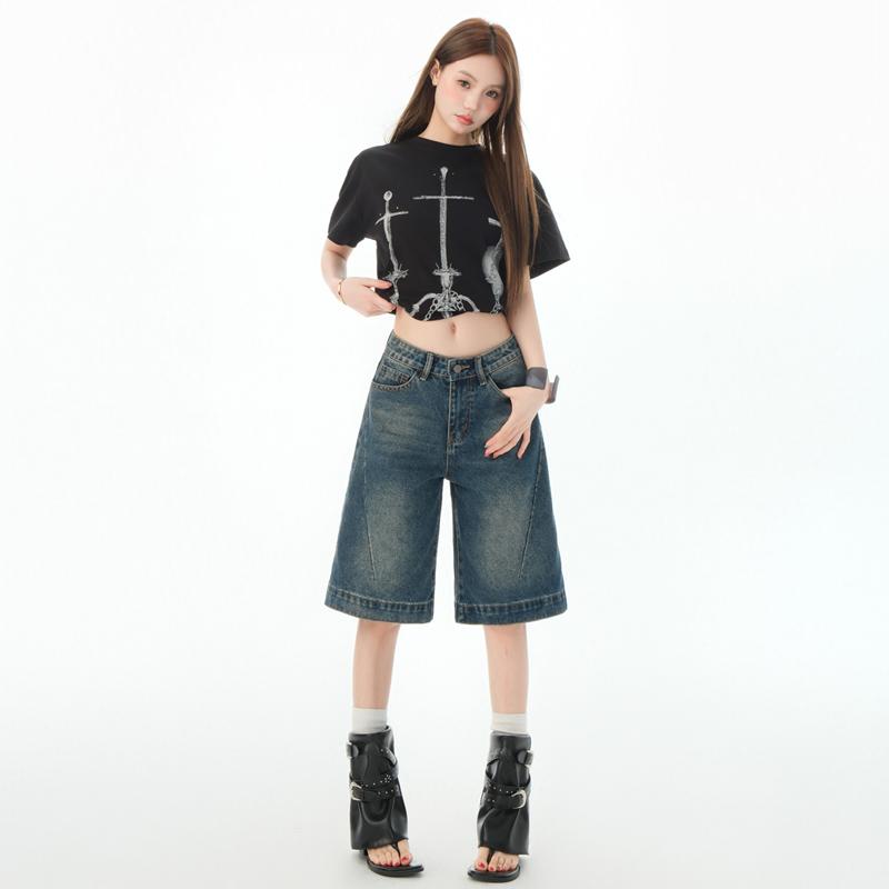 Retro Spicy Woman Cropped Denim Shorts Women'S Summer Low Waisted Loose Design Straight Five-Point Pants