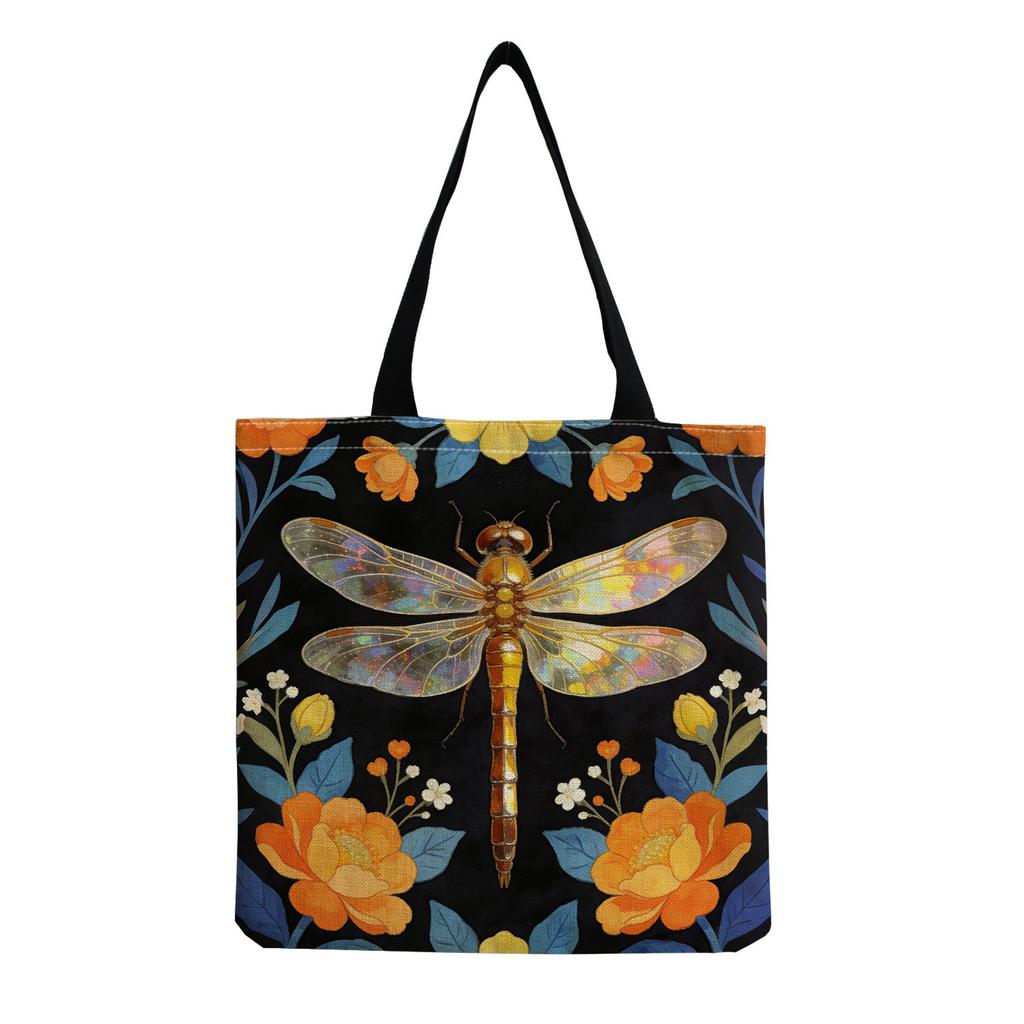 Women Vintage Linen Tote Bag - Large Capacity Dragonfly Print Shoulder Handbag for Casual & Grocery Shopping KTB
