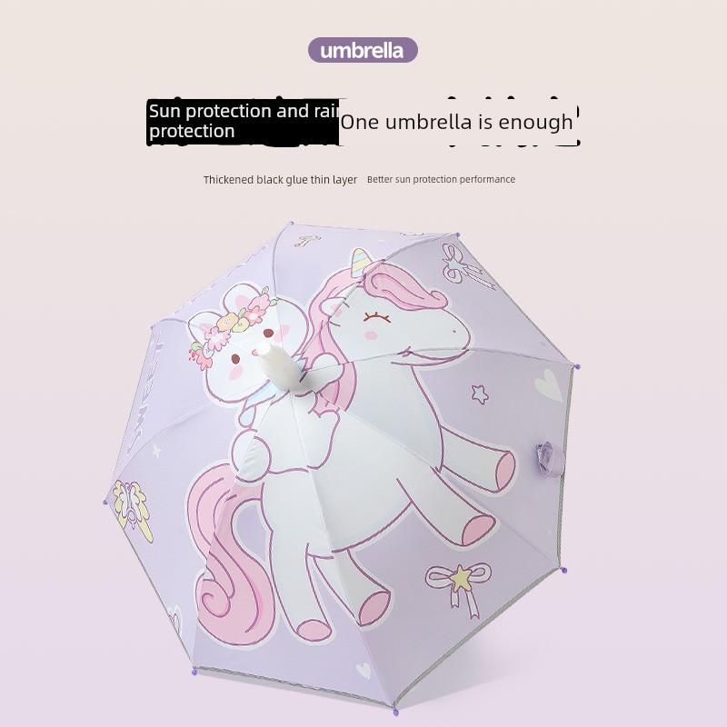 2026 New Model Children's Umbrella Cartoon Black Plastic Dual-Use Umbrella for Sun and Rain, Automatic Reflective Strip Long-Handle Umbrella for
