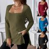 Plus Size Women S Solid Color Fleece Square Neck Long Sleeve Mid Length Top