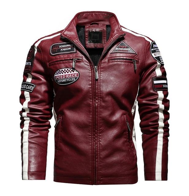 Men Motorcycle Jacket Winter Men Faux Pu Leather Jacket Casual Embroidery Coat Zipper Fleece Jacket