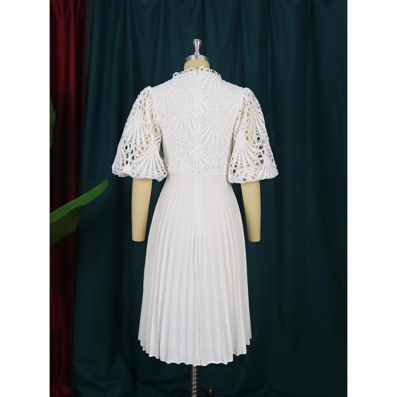 AOMEI White Elegant Lace Dresses High Waist A Line Hollow Out Office Lady Daily Party Pleated Summer Dress with Waist Belt