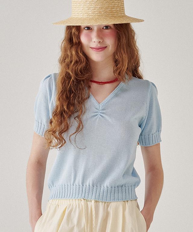 Ronron Shirring Pointed V Neck Short Knit Soft Blue Free