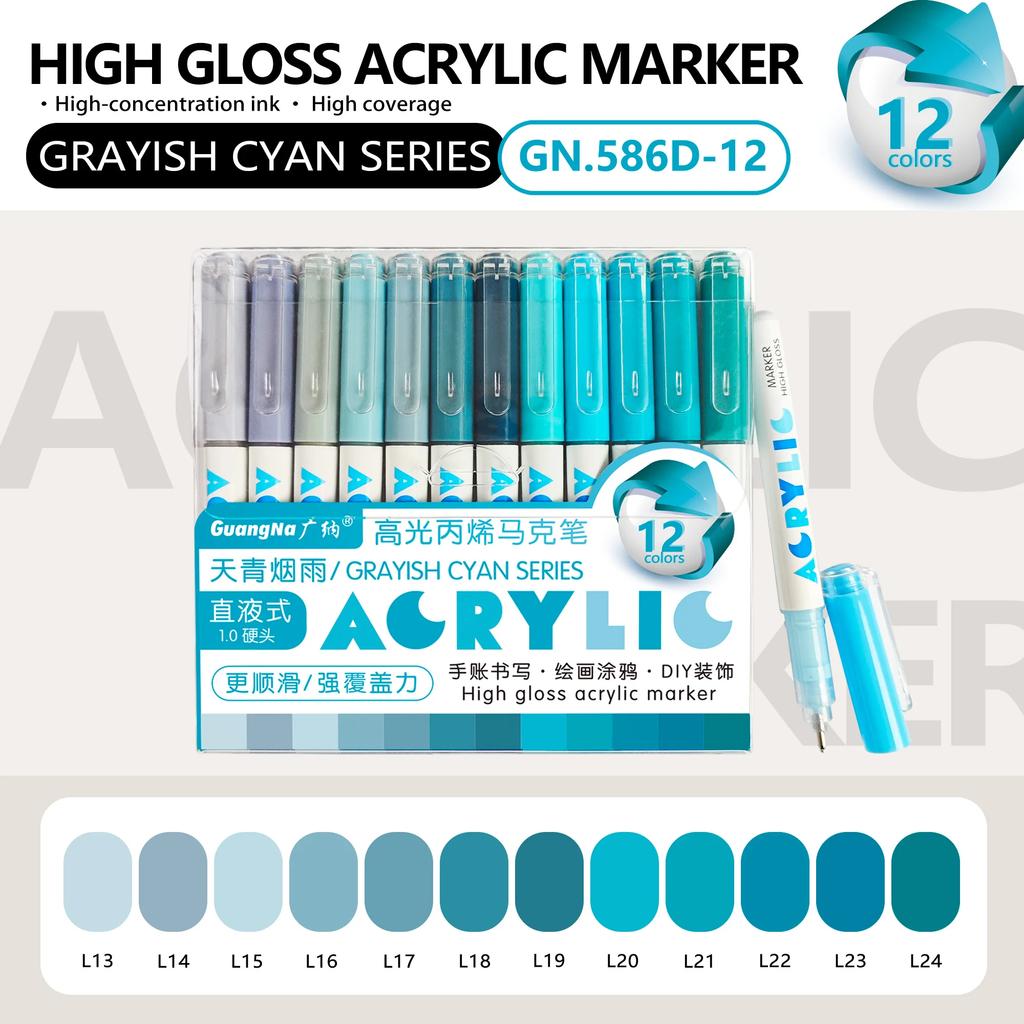 GuangNa 12 Colors/box Direct Liquid Hardhead High-gloss Acrylic Marker, for Student Notebook Writing, DIY Painting Graffiti