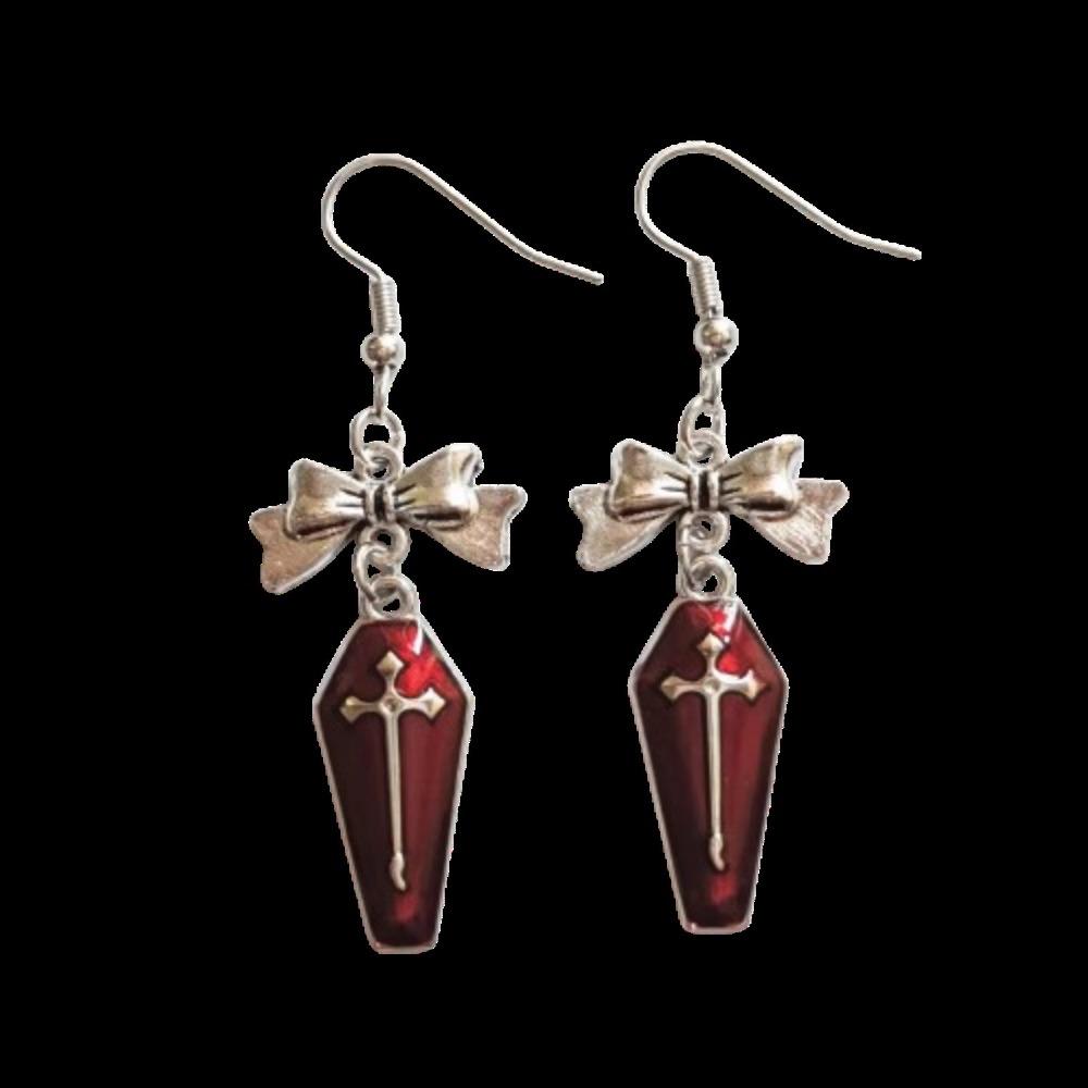 Punk Gothic Sliver Color Bowknot Cross Geometric Red Drip Glaze Coffin Pendant Dangle Earrings for Women Halloween Jewelry Gifts