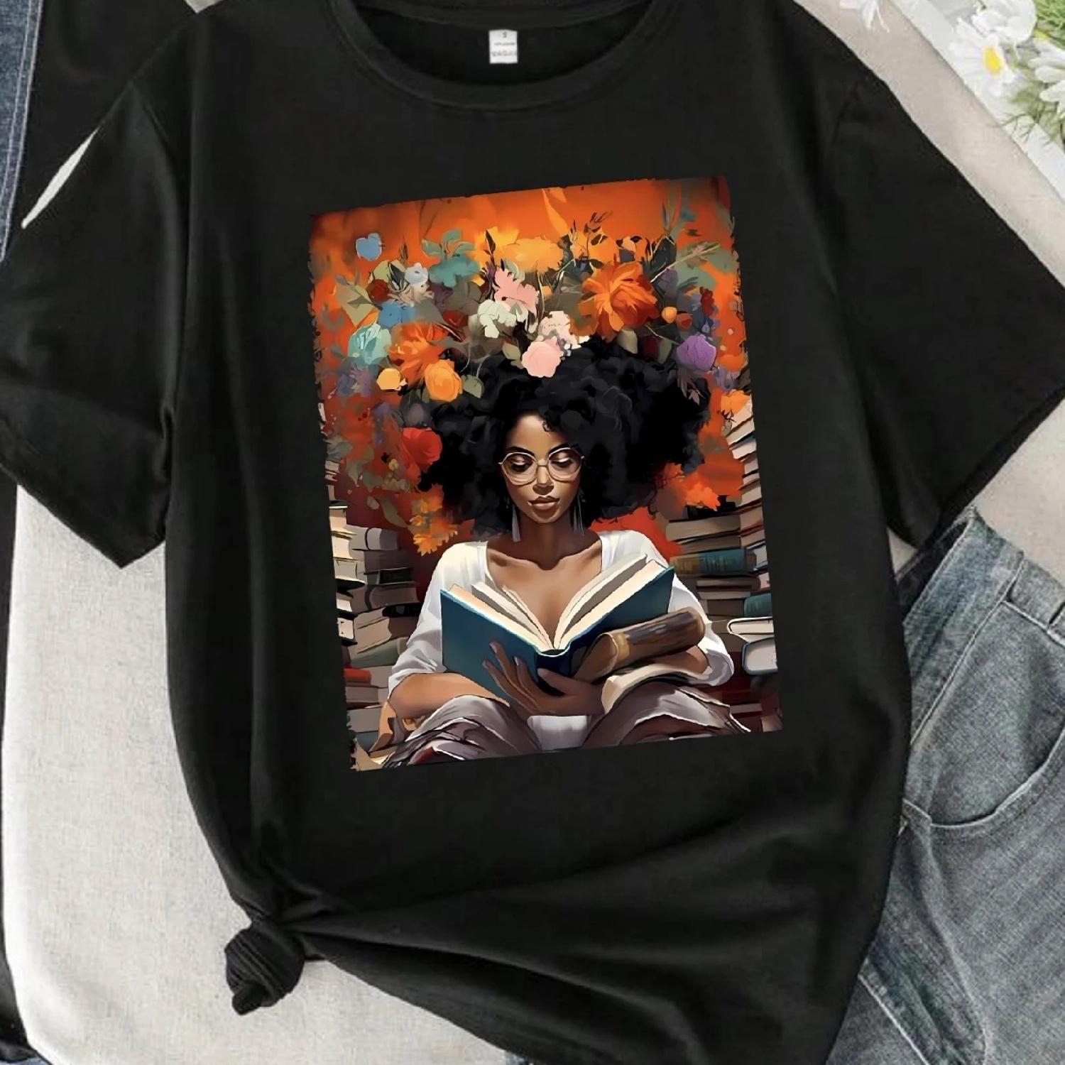 

Characters and book patterns round neck women T-shirt short sleeve fashion printing half sleeve shirt stretch T-shirt XXXXXL різнокольоровий