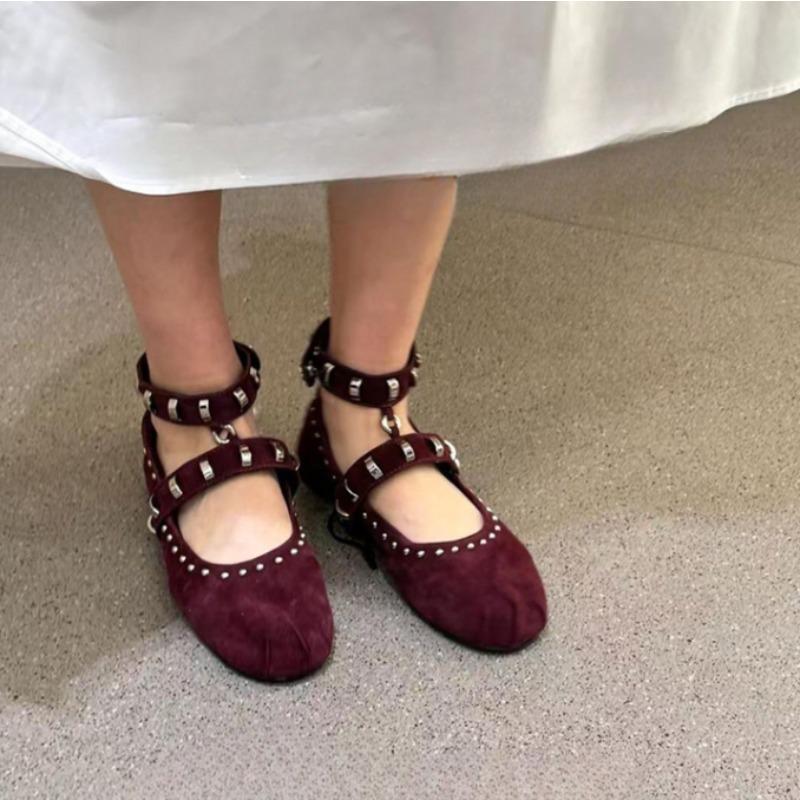 Retro Nieten Design Marke Damen Flache Schuhe Damen Mode Runde Zehenpartie Schnalle Ballerinas Frühling Herbst Bequeme Freizeitschuhe