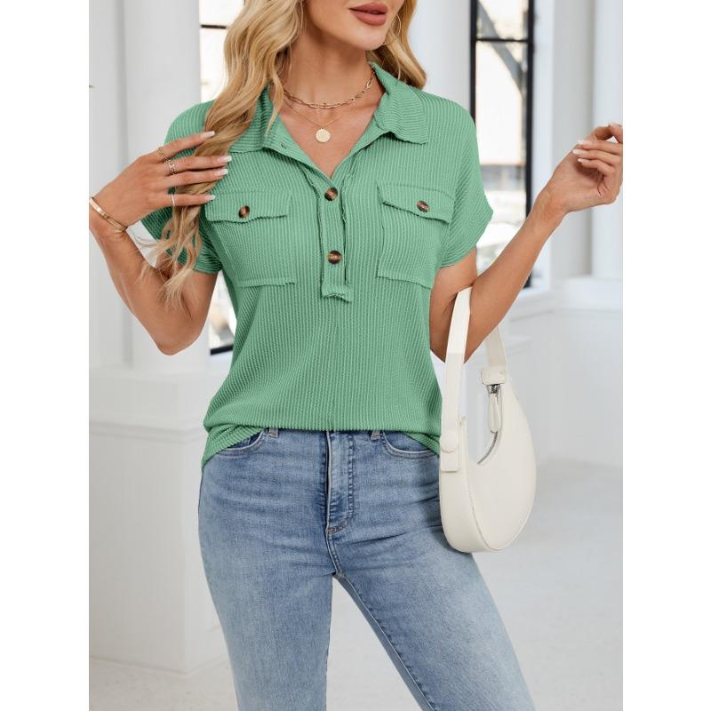 Summer New Women's Lapel Pocket Short-sleeved Solid Color T-shirt Casual Versatile Top