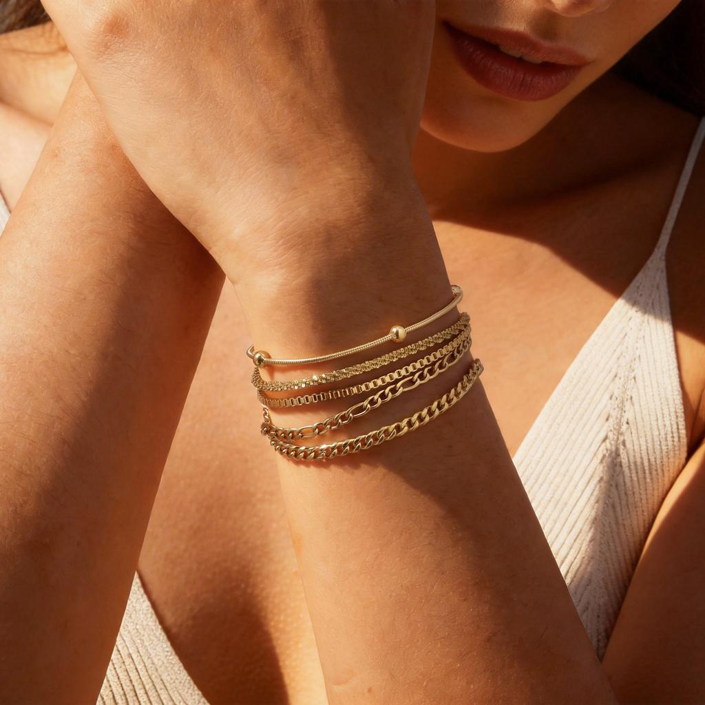 PVD Gold Plated Bracelet Women, Stackable Chain Bracelets, Stainless Steel Adjustable Waterproof Dainty Layering Jewelry