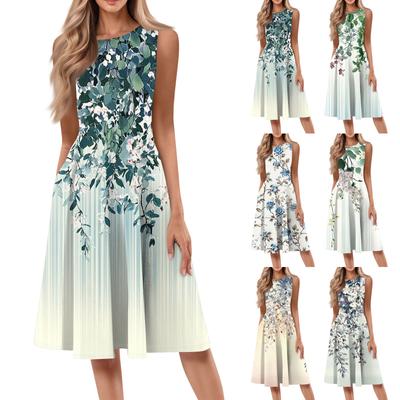 Damen Casual Fashion Blumendruck Rundhals ärmelloses einfarbiges Midikleid