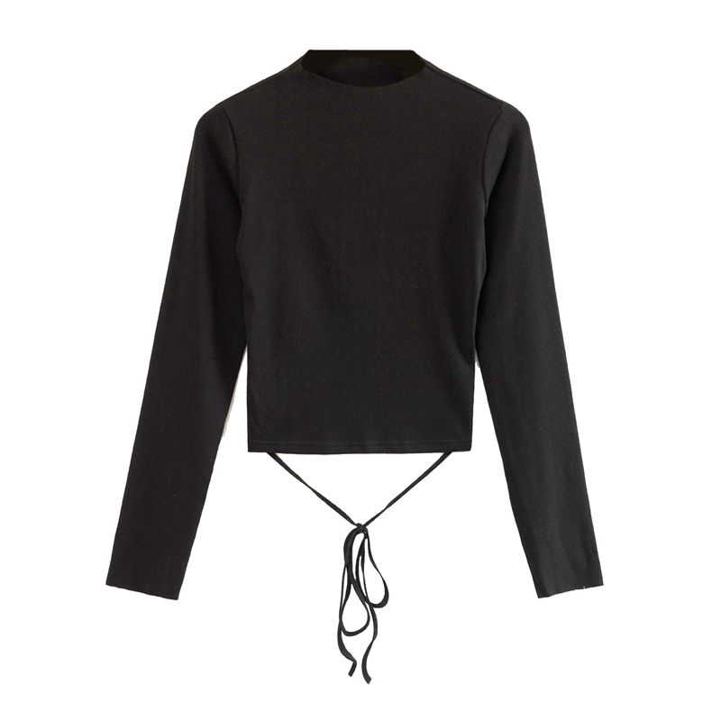 

European Style Lace-up Long Sleeve round Neck Slim Fit Stretch T-shirt Black S