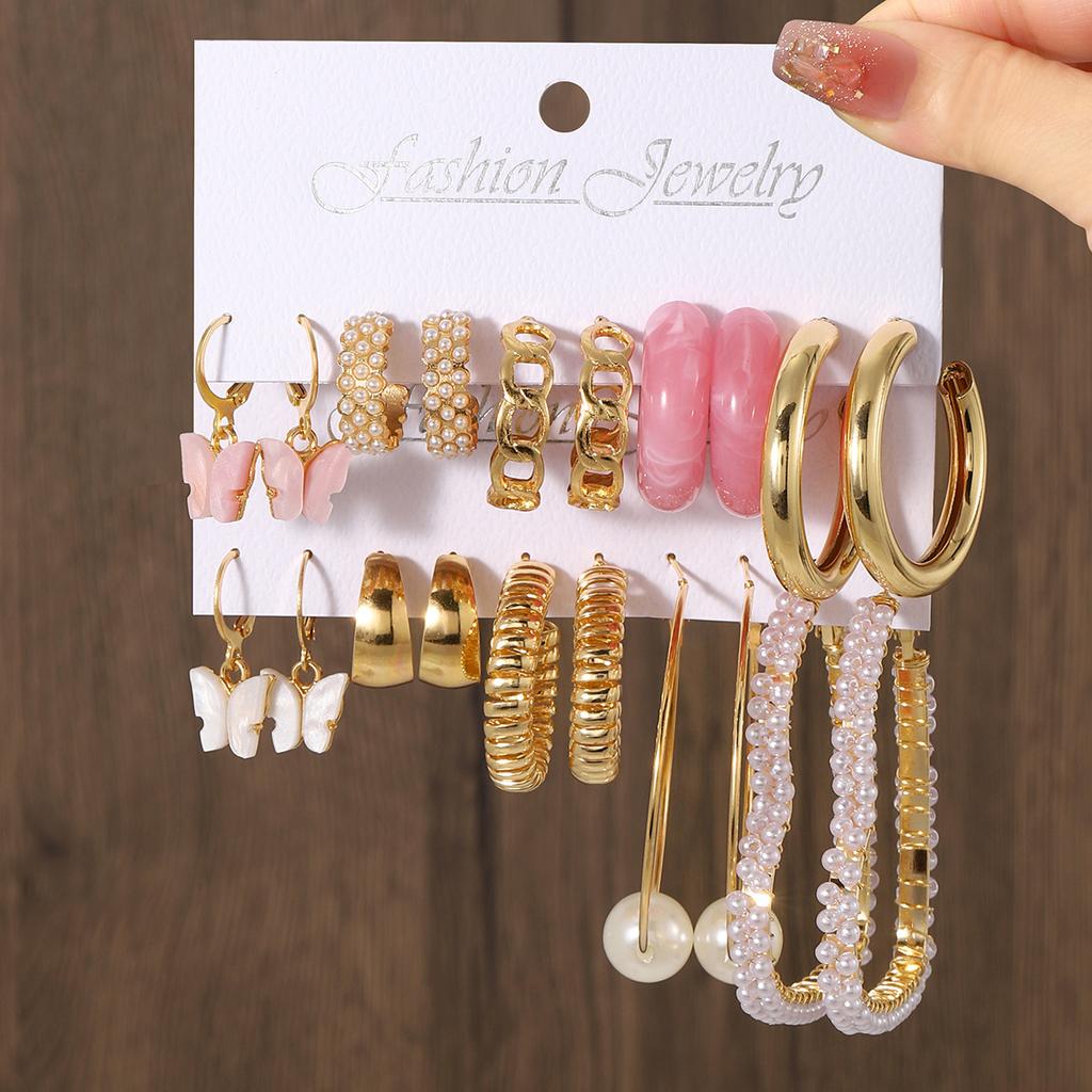 Bohemian Imitation Zircon Big Heart Hoop Earrings Retro Acrylic Pink Butterfly Pendant Earrings Women Summer Trend Party Zircon