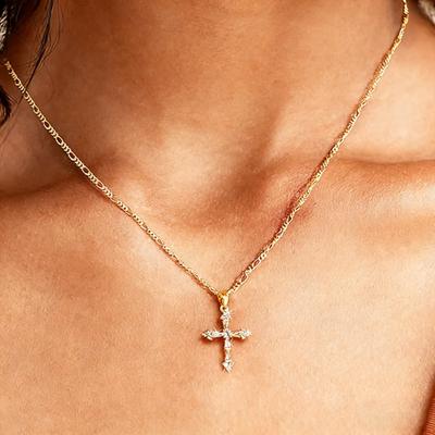 Square Sugar Zircon Cross Pendant Necklace - Simple, Fashionable, Daily Wear Collar Chain