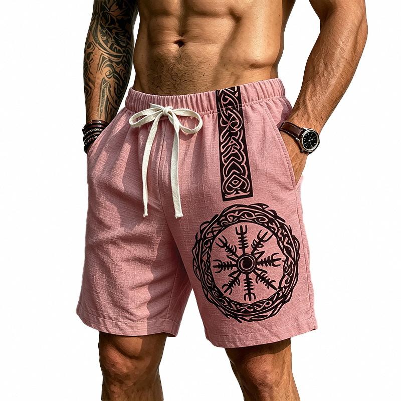 Men Nordic Viking Totem Print Drawstring Waist Casual Linen Blend Shorts