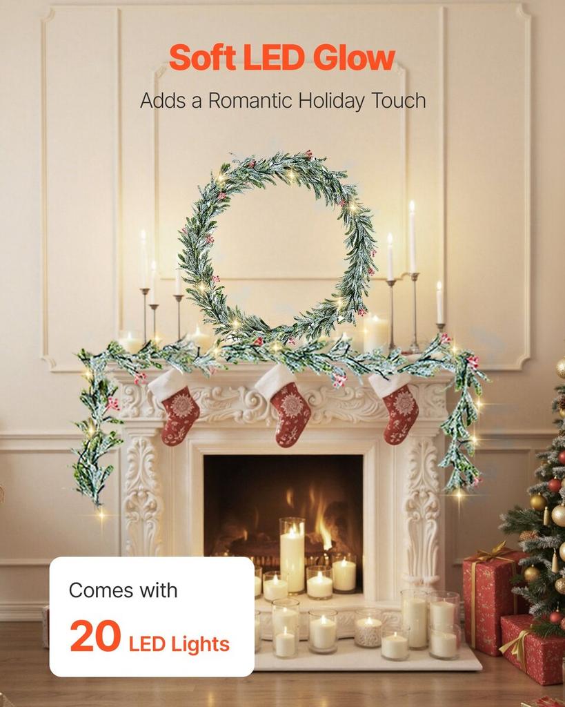 Christmas Garland, 2011 Mm Realistic Greenery Decorated with Vines, Olive Leaves, and Berries, Evergreen Faux Garlands with Light String for Indoor