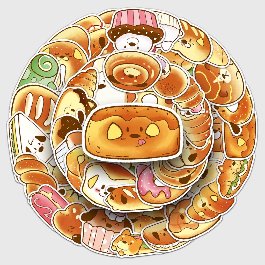 50 Hand-drawn Bread Dog Graffiti Stickers: Cute Cartoon Dessert Designs for Water Bottles, Phones, and Journals.