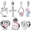 Original 925 Silver Pink Series Charms Beads Bow Perfume Bottle Heart-Shaped Cross Pendant Fit Bracelet DIY Jewelry