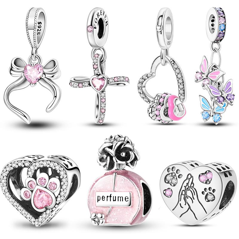 925 Silver Pink Series Charms Beads Bow Perfume Bottle Heart-Shaped Cross Pendant Fit Bracelet DIY Jewelry