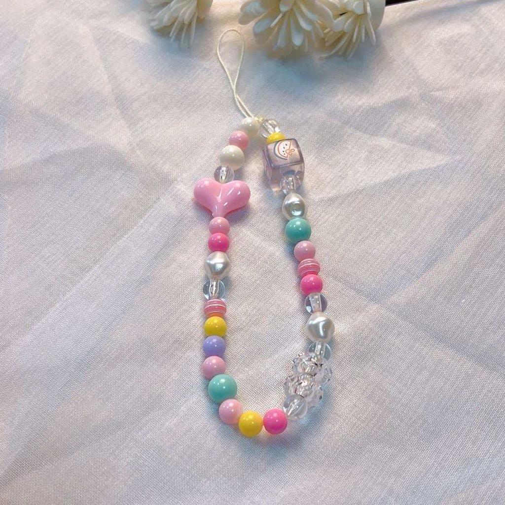 Telefon Anti-Verlust-Lanyard Schlüssel Kurzer Handgelenk-Anhänger Bunter Macaron-Anhänger mit runder Perle Damen-Handkette Handy-Lanyard