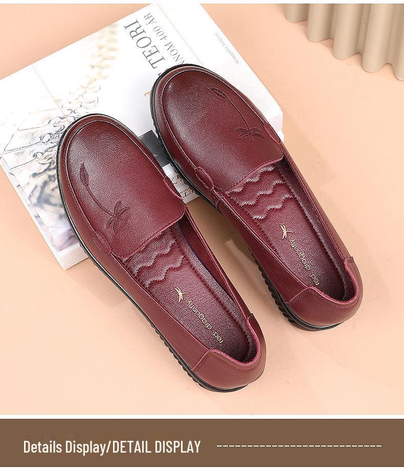 Red Dragonfly Women's Genuine Leather Slip-On Shoes - Comfortable Soft Sole for Spring, Ideal for Middle-Aged & Elderly