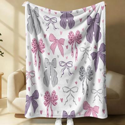 Cute Pastel Bow Heart Pattern Flannel Blanket Throw Soft Fleece Cozy Blanket for Girls Kids Teen Bedroom Sofa Gift Blanket Wrap
