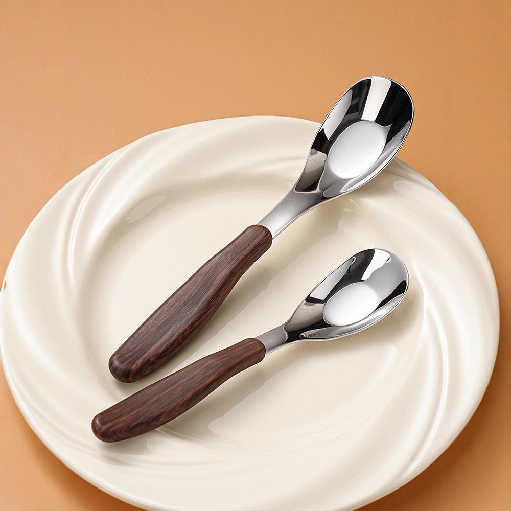Stainless Steel Cutlery: Wood-Handled Fork, Spoon, Teaspoon, and Dessert Spoon Set Tea Fork