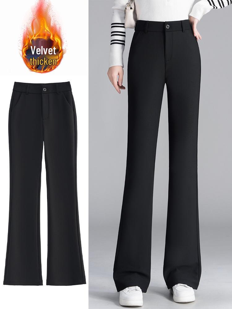 Women's Fleece-Lined Micro-Flare Pants - Slimming, Stretchy, Versatile Bell Bottoms for Autumn/Winter, Black Fashion.