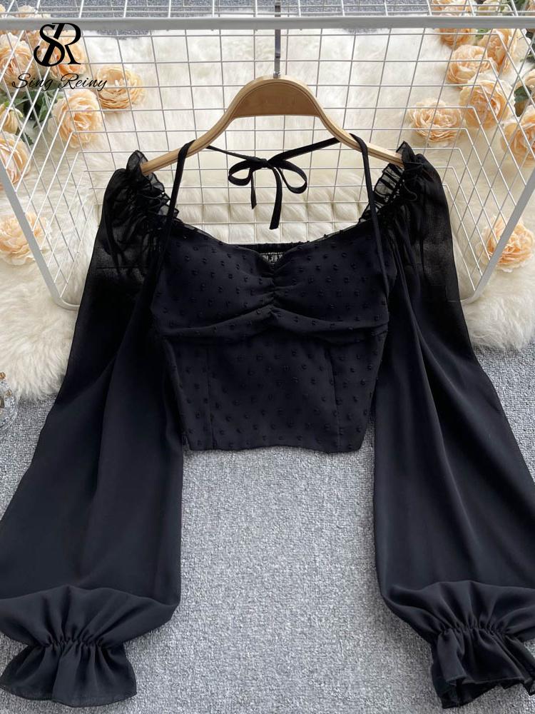 

SINGREINY Короткая блузка со складками в горошек, летняя женская блузка с вырезом с разрезом и длинными рукавами, завязка на шее, эластичная резинка на талии, модный французский пляжный топ One Size чёрный