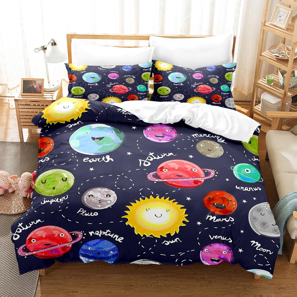 Space Bedding Boys Cute Space Alien Duvet Cover Green Rocket Ship Cartoon Planet Comforter Cover Black Bedding Set For Kid Teen