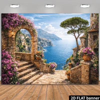 2D Dreamy Mediterranean Cliffside Photography Background