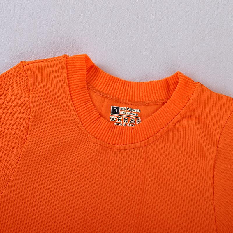 Ribbed Round Neck Yoga Sports Short-Sleeve T-shirt for Autumn/Winter