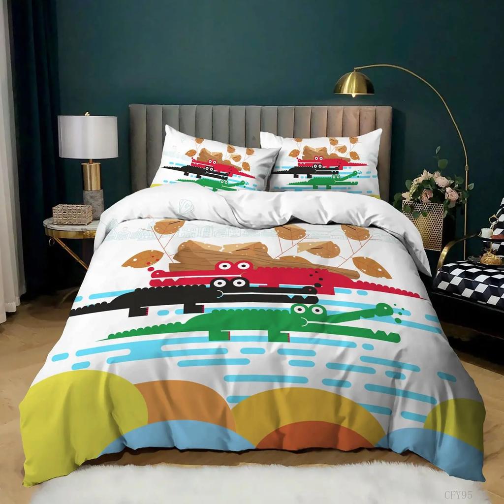 Gren Frog Crocodile Beding Soft Duvet Cover for Children Kids Young Boys Young Girls Pond Lotus Flowers Carton Lovely Animals Children Women Rom Decor